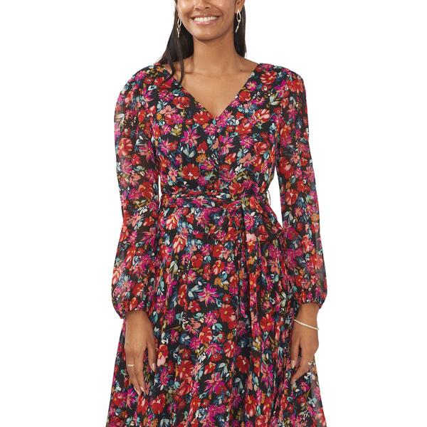 Womens MSK Long Sleeve V-Neck Floral  Asymmetric Hem Midi Dress