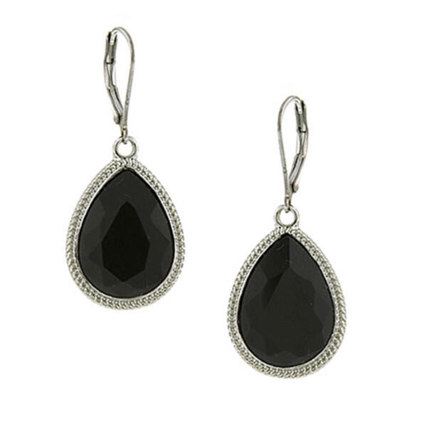 1928 Silver-Tone Black Pear Shape Drop Earrings - image 