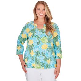 Plus Size Ruby Rd. By The Sea Embroidered 3/4 Sleeve Floral Tee