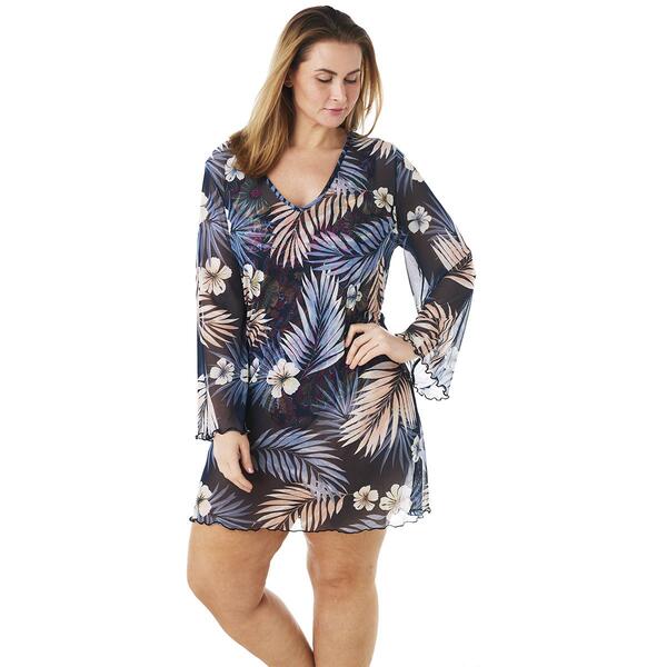 Womens Cover Me Mesh Floral V-Neck Long Sleeve Tunic Cover-Up - image 