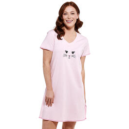 Womens Rene Rofe Short Sleeve Cat Face Embroidered Nightshirt