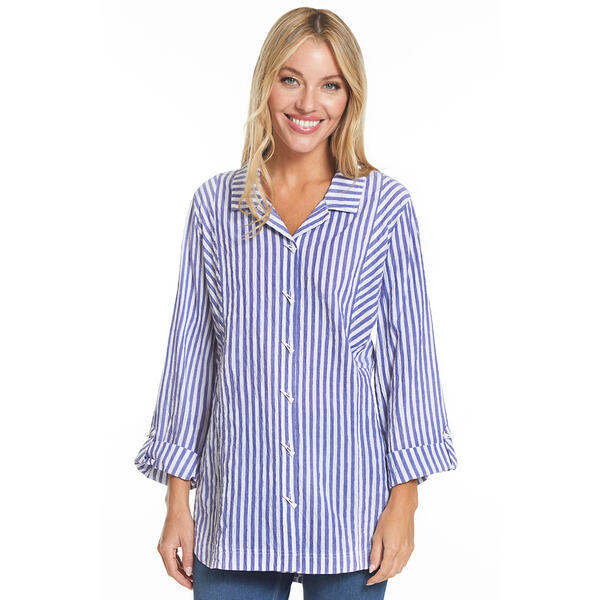 Womens Ali Miles 3/4 Sleeve Yarn Dye Stripe Button Front Shirt - image 