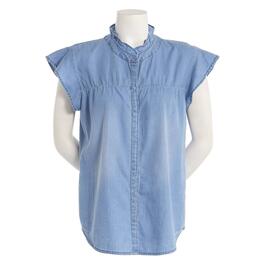 Womens New Direction Ruffled Neck Casual Button Down Top - Denim