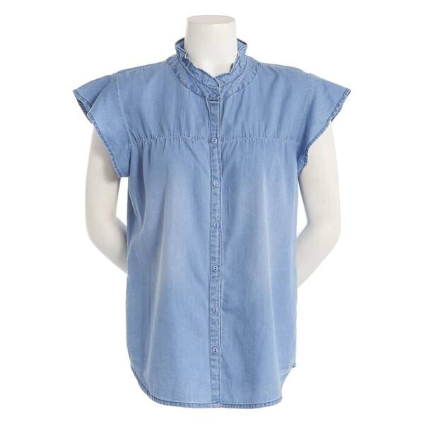 Womens New Direction Ruffled Neck Casual Button Down Top - Denim - image 