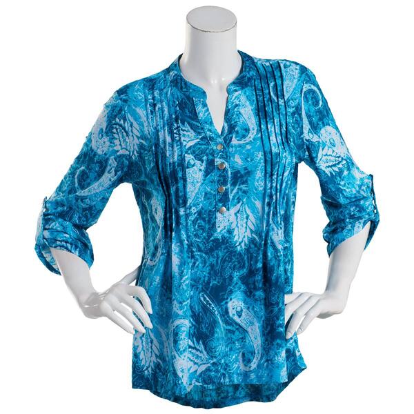 Womens Notations 3/4 Sleeve Print Jacquard Knit Pleat Henley - image 