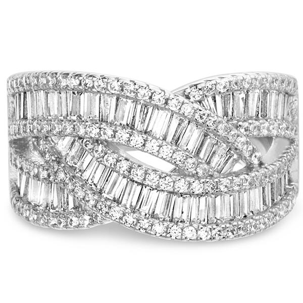Brass Silver Crossover Baguette Cubic Zirconia Ring - image 