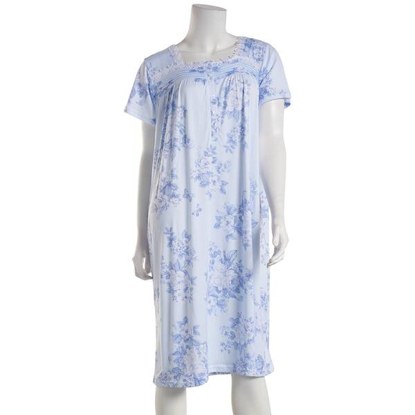 Womens Laura Ashley Short Sleeve Floral Nightshirt w/Lace - image 