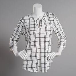 Womens Cure 3/4 Sleeve Roll Tab Checkered Lines Crepe Blouse