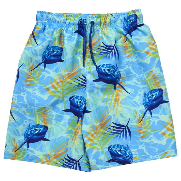 Boys &#40;4-7&#41; Surf Zone Light Blue & Orange Shark Swim Shorts - image 