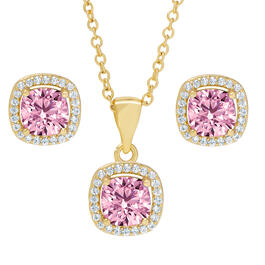 Gold Plated Pink Cubic Zirconia Cushion Pendant & Earrings Set