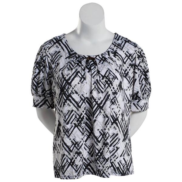 Plus Size Notations Short Sleeve Abstract Bar Neck Knit Blouse - image 