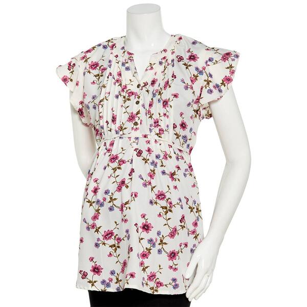 Womens Times Two Flutter Sleeve Floral Tie Waist Maternity Blouse - image 
