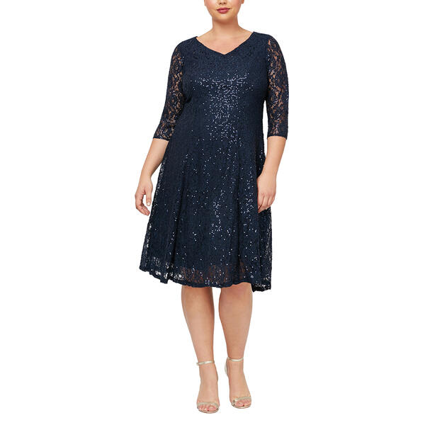 Plus Size SLNY 3/4 Sleeve Tea Length Lace Dress - image 