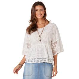 Womens Democracy Bell Sleeve Scoop Double Flounce Embroidered Top