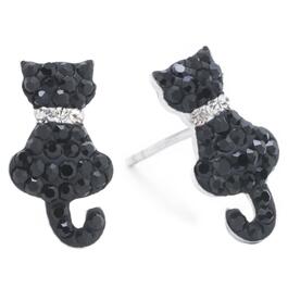Athra Sterling Silver Black Crystal Cat Stud Earrings