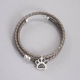Inspirational Grey Leather Cubic Zirconia Dog Paw Charm Bracelet