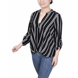 Womens NY Collection 3/4 Sleeve Pleated Front Blouse-Black/White