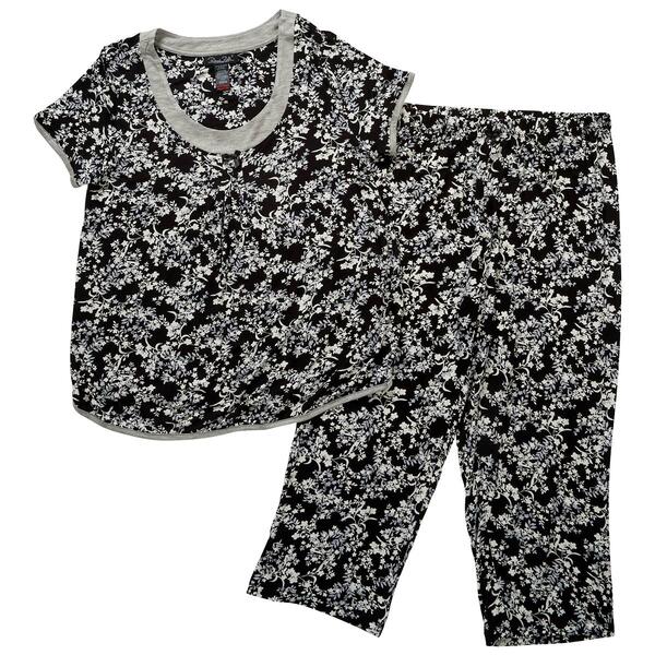 Plus Size Rene Rofe Short Sleeve Floral Capri Pajama Set - Black - image 