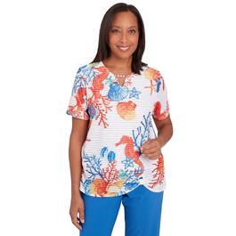 Petite Alfred Dunner Neptune Beach Knit Seahorses Texture Top
