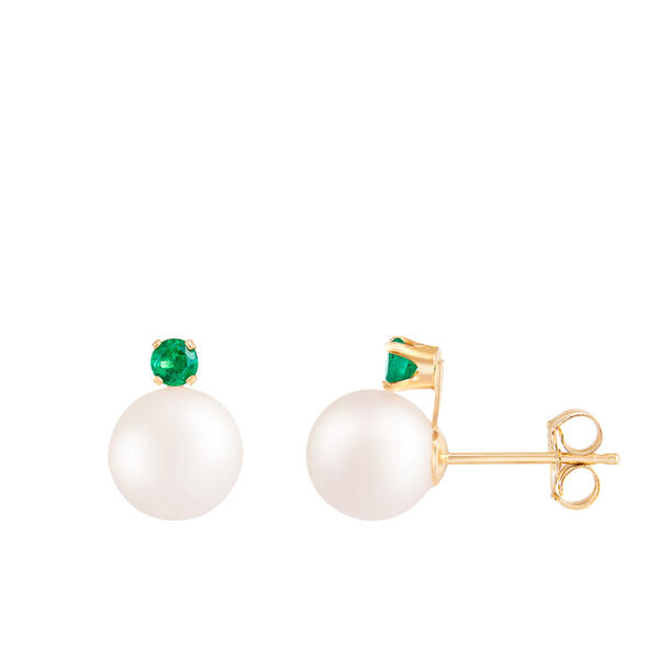 Splendid Pearls 14kt. Gold Emerald Accent Pearl Stud Earrings - image 
