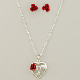 Sterling Silver Heart Rose Pendant & Earrings Set