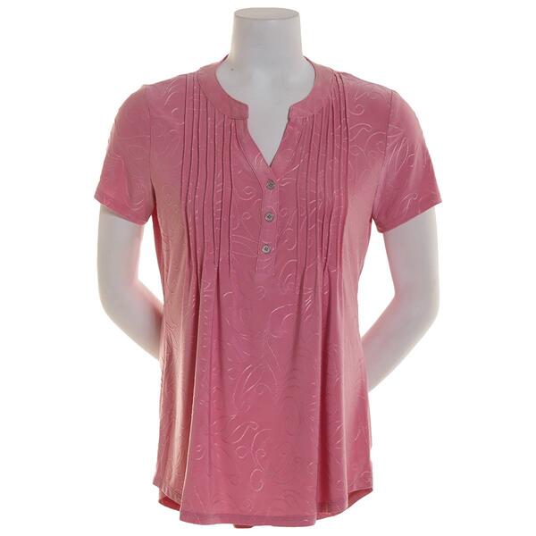 Womens Notations Short Sleeve Solid Texture Jacquard Pleat Henley - image 