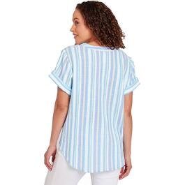 Womens  Ruby Rd. Bali Blue Woven Embroidered Stripe Top