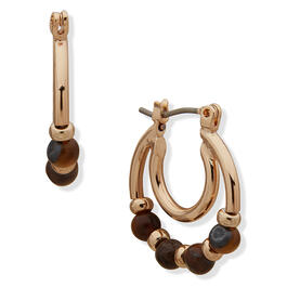 Chaps Gold-Tone Brown Stone Double Click Top Hoop Earrings