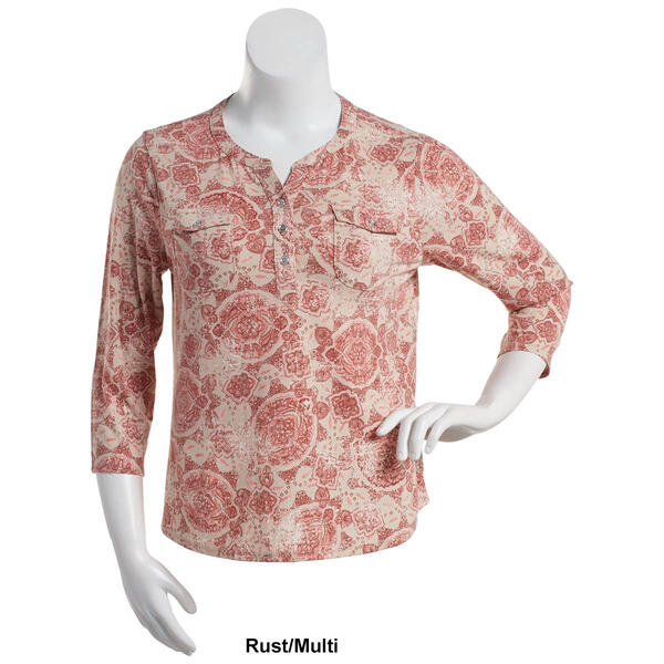 Womens Hasting & Smith 3/4 Sleeve Medallion Pattern Henley