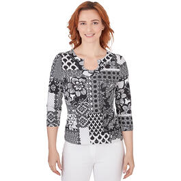 Petite Ruby Rd. Pattern Play 3/4 Sleeve Knit Patchwork Top