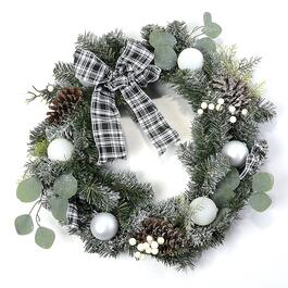 24in. Life-Like Frosted Pine Wreath with Silver Ball Ornaments
