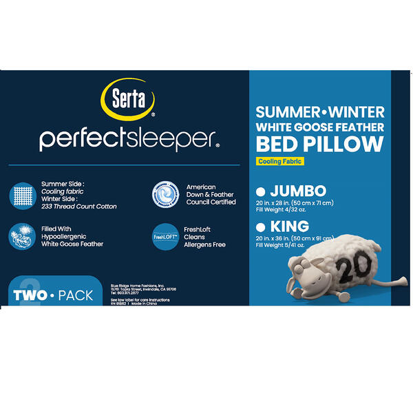 Serta&#174; 233 TC Summer And Winter White Goose Feather Bed Pillows
