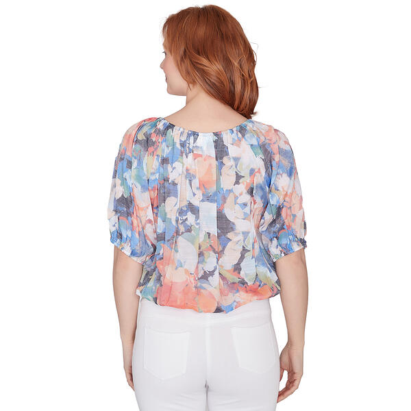Petites Skye''s The Limit Coral Floral Gables Elbow Sleeve Top