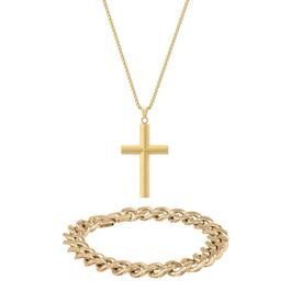 Mens Lynx Gold-Tone Curb Chain Cross Pendant & Bracelet Set