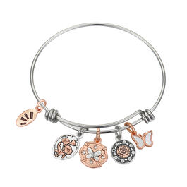 Shine Two-Tone Flower and Butterfly Satin Bangle Bracelet