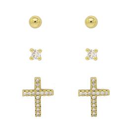Gold Plated Ball Cross and Cubic Zirconia 3pr. Stud Set