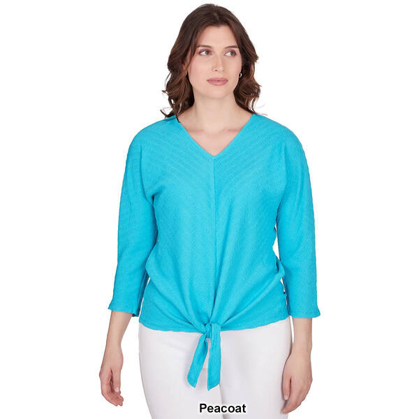 Petite Ruby Rd. Bali Blue V-Neck 3/4 Sleeve Knit Pucket Tie Top