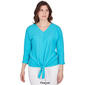 Petite Ruby Rd. Bali Blue V-Neck 3/4 Sleeve Knit Pucket Tie Top - image 3
