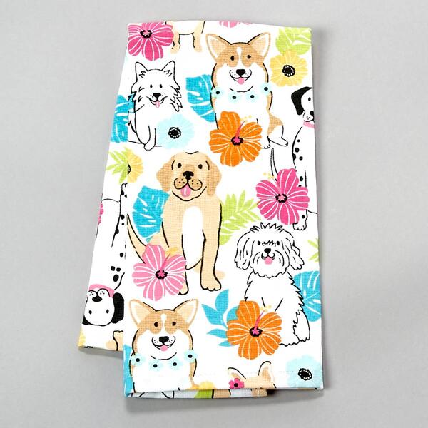 Tropical Floral Dogs Toss Print Kitchen Towel - image 