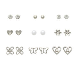 Ashley Ball Crystal Pearl Butterfly & Heart Stud Earrings Set