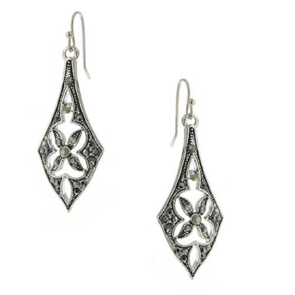 1928 Silver-Tone Hematite Diamond Shape Drop Earrings - image 