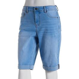 Petite Bleu Denim 11in. 5 Pocket Roll Cuff Denim Bermuda Shorts