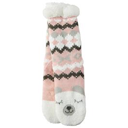Womens Fuzzy Babba Long Cozy Pink Bear Slipper Socks