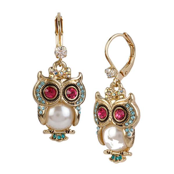 Betsey Johnson Pearl Owl Drop Earrings - image 