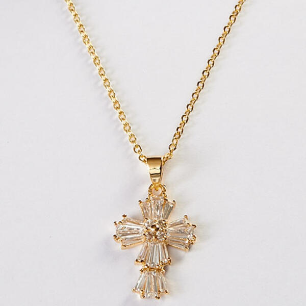 Gold Cubic Zirconia Thick Cross Pendant Necklace - image 