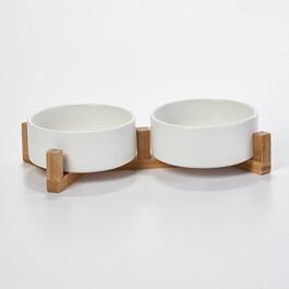 Northpaw 2pk. Ceramic Bowls w/ Bamboo Stand Set