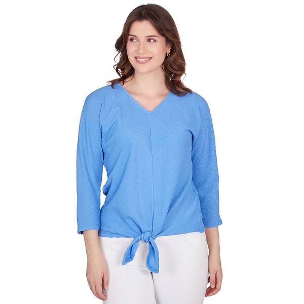 Petite Ruby Rd. Bali Blue V-Neck 3/4 Sleeve Knit Pucket Tie Top - image 