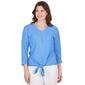 Petite Ruby Rd. Bali Blue V-Neck 3/4 Sleeve Knit Pucket Tie Top - image 1