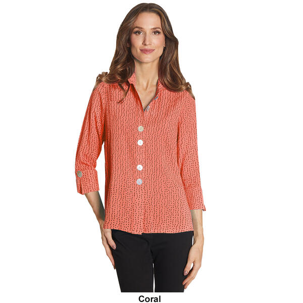 Womens Ali Miles 3/4 Sleeve Crinkle Curvy Lines Button Blouse