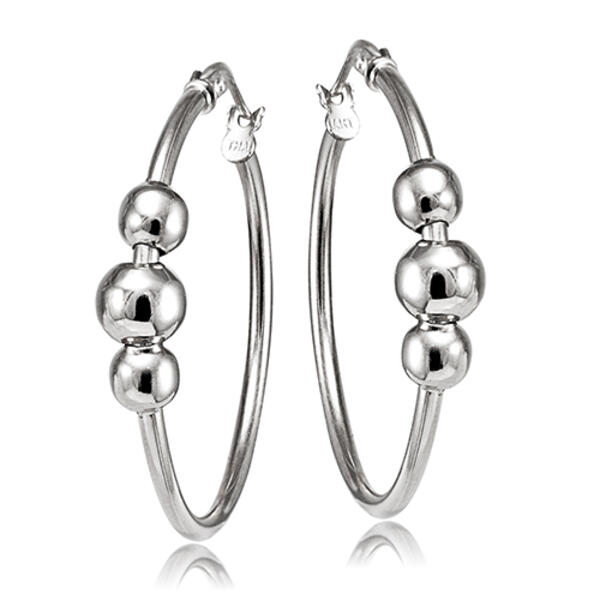 Sterling Silver 3 Bead Hoop Earrings - image 